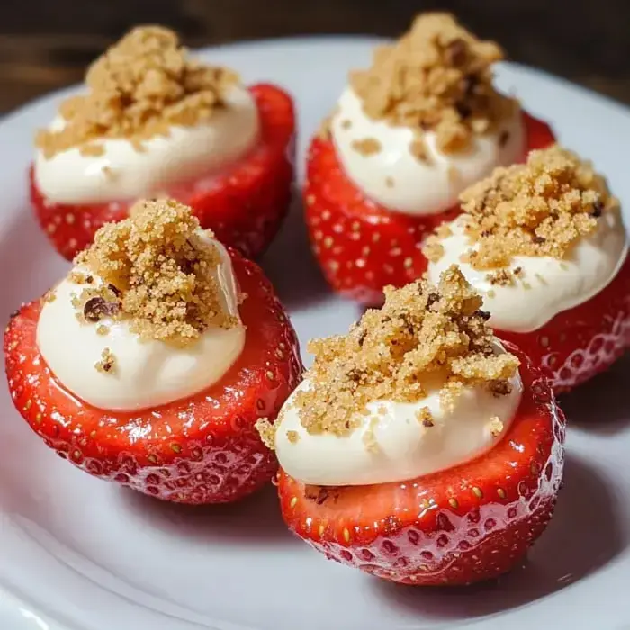 A plate of halved strawberries topped with cream and sprinkled with brown sugar.