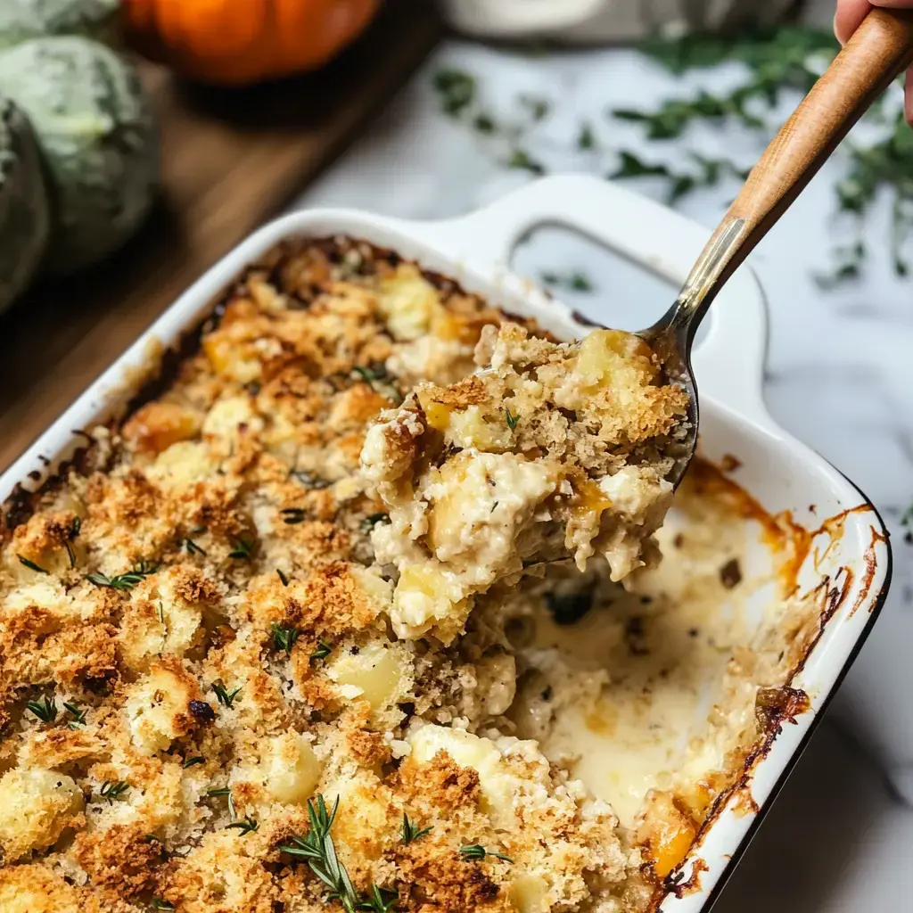 A golden-brown baked dish with a creamy filling and a crumbly topping is being served with a spoon, surrounded by fresh herbs and decorative pumpkins.