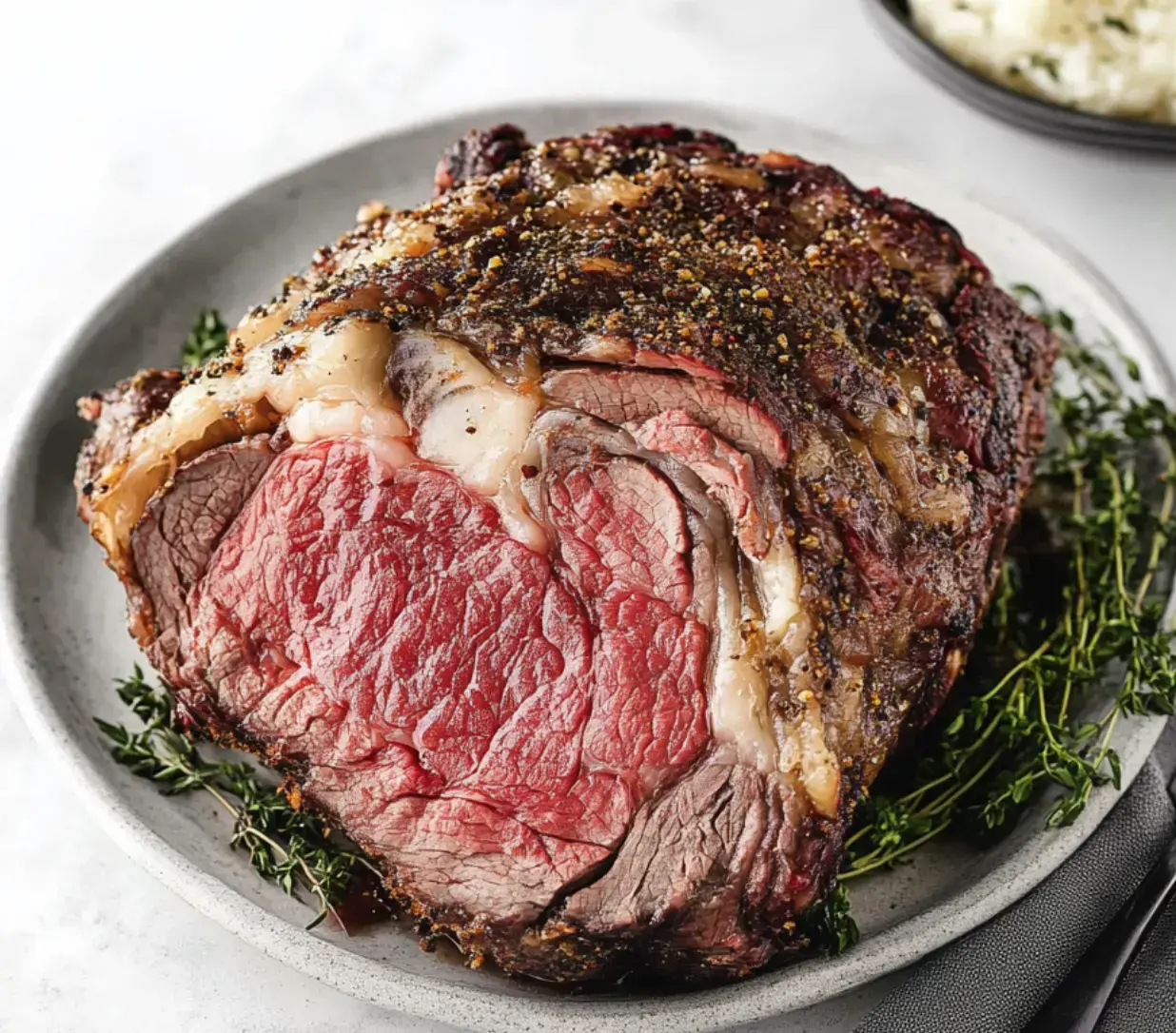 A perfectly cooked rib roast garnished with fresh thyme on a gray plate.