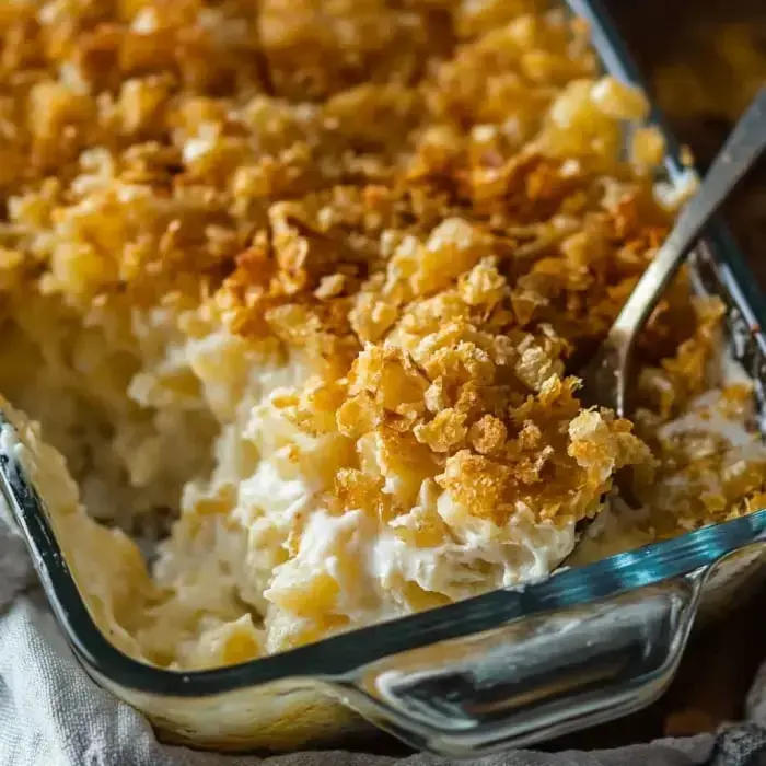 A glass baking dish filled with creamy casserole topped with golden, crispy crushed cornflakes and a serving spoon.