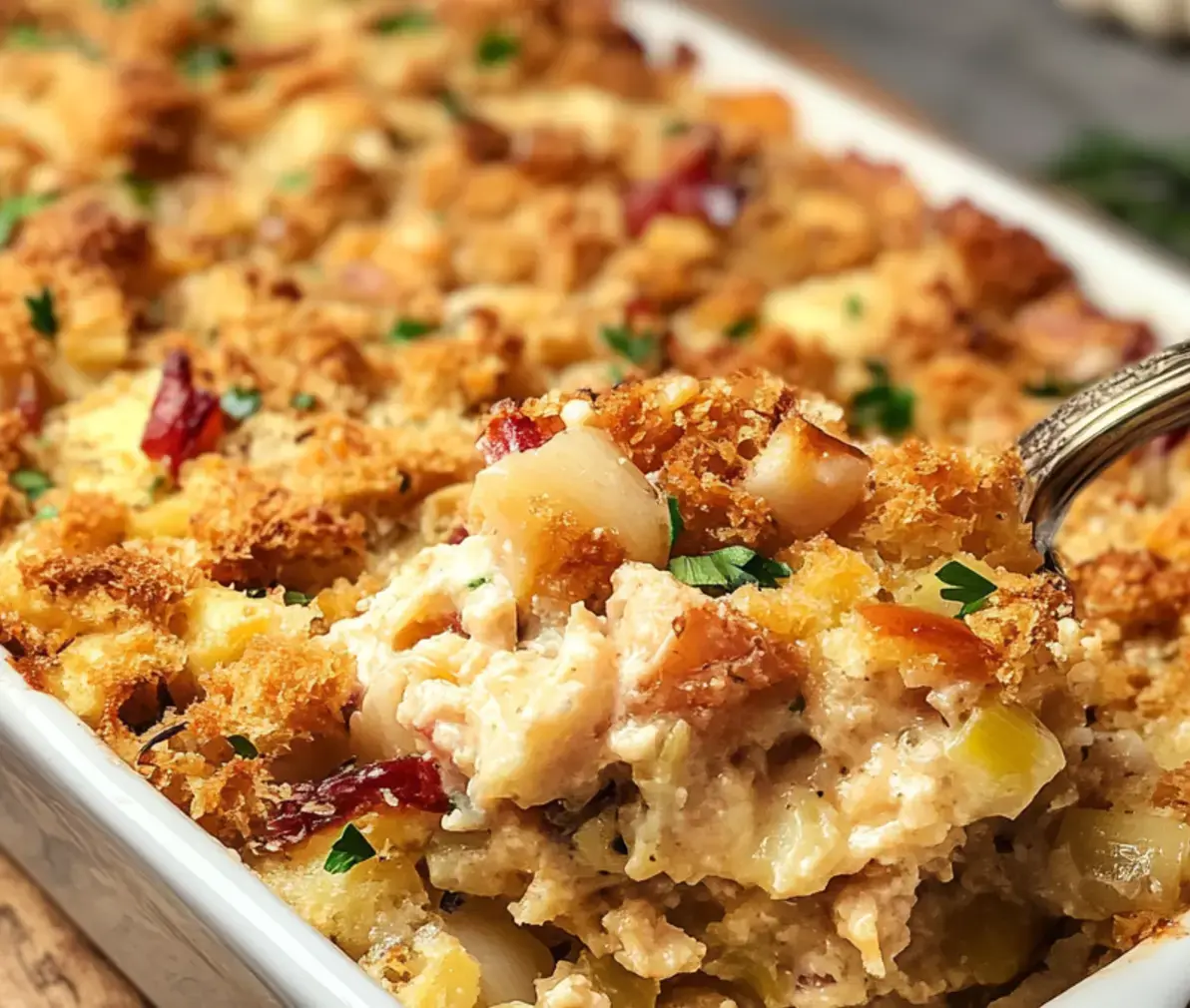 A close-up of a spoonful of creamy casserole topped with golden-brown breadcrumbs, featuring diced vegetables and herbs.