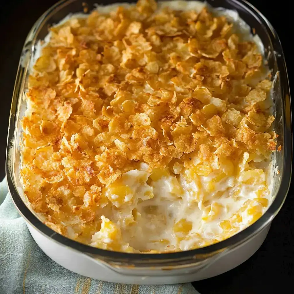 A baked dish topped with golden, crunchy cornflakes, revealing a creamy mixture underneath.