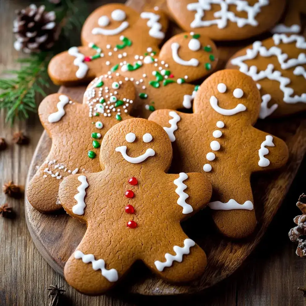 A collection of decorated gingerbread men cookies on a wooden platter.