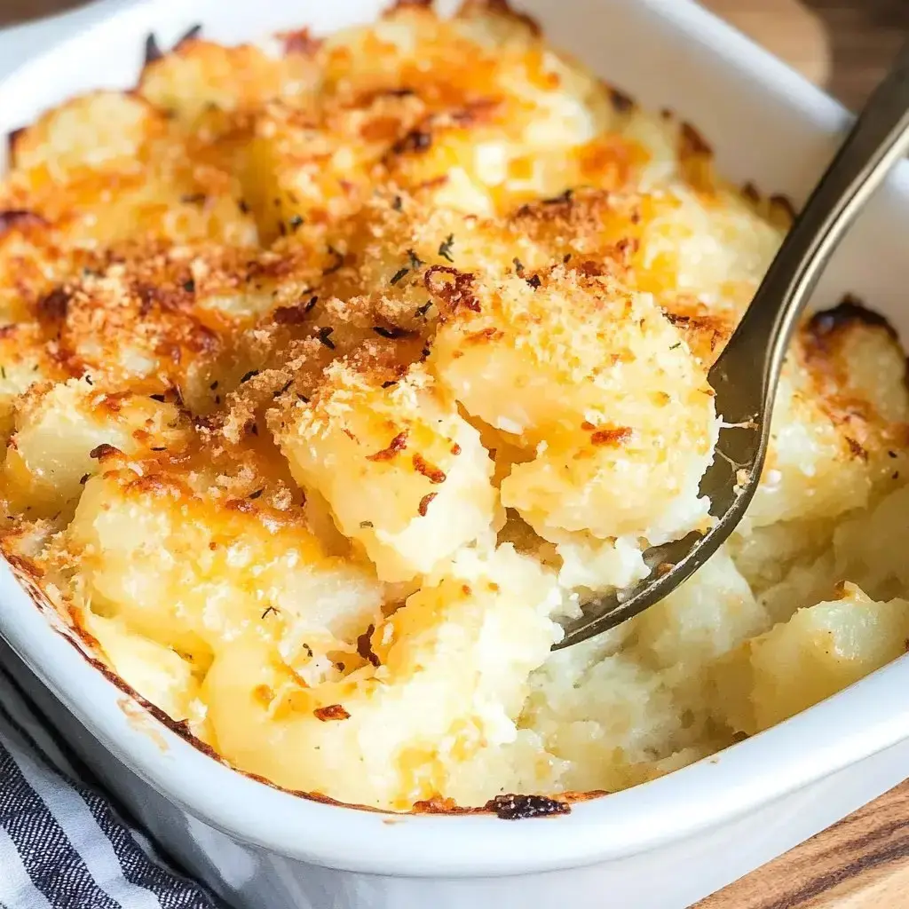 A close-up of a creamy, cheesy baked dish with a golden, crunchy top, served in a white dish.