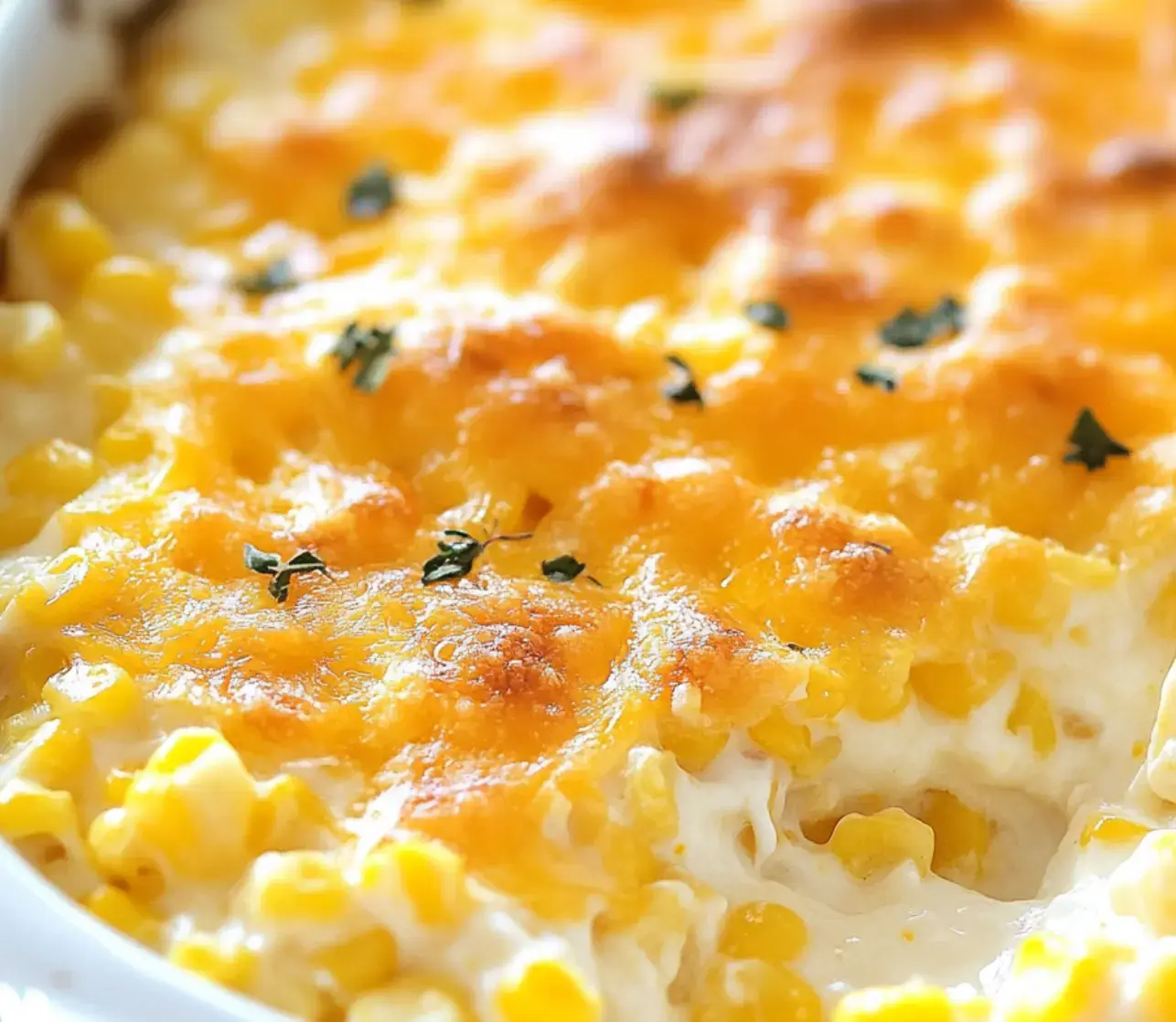 A close-up of baked corn casserole topped with melted cheese and garnished with herbs.