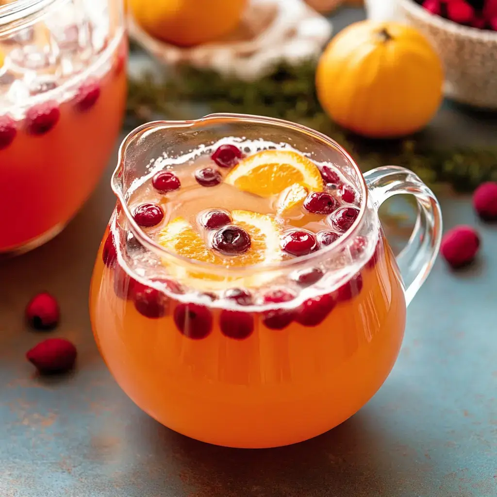 A glass pitcher of orange and cranberry punch adorned with orange slices and cranberries, surrounded by decorative items and a small pumpkin.