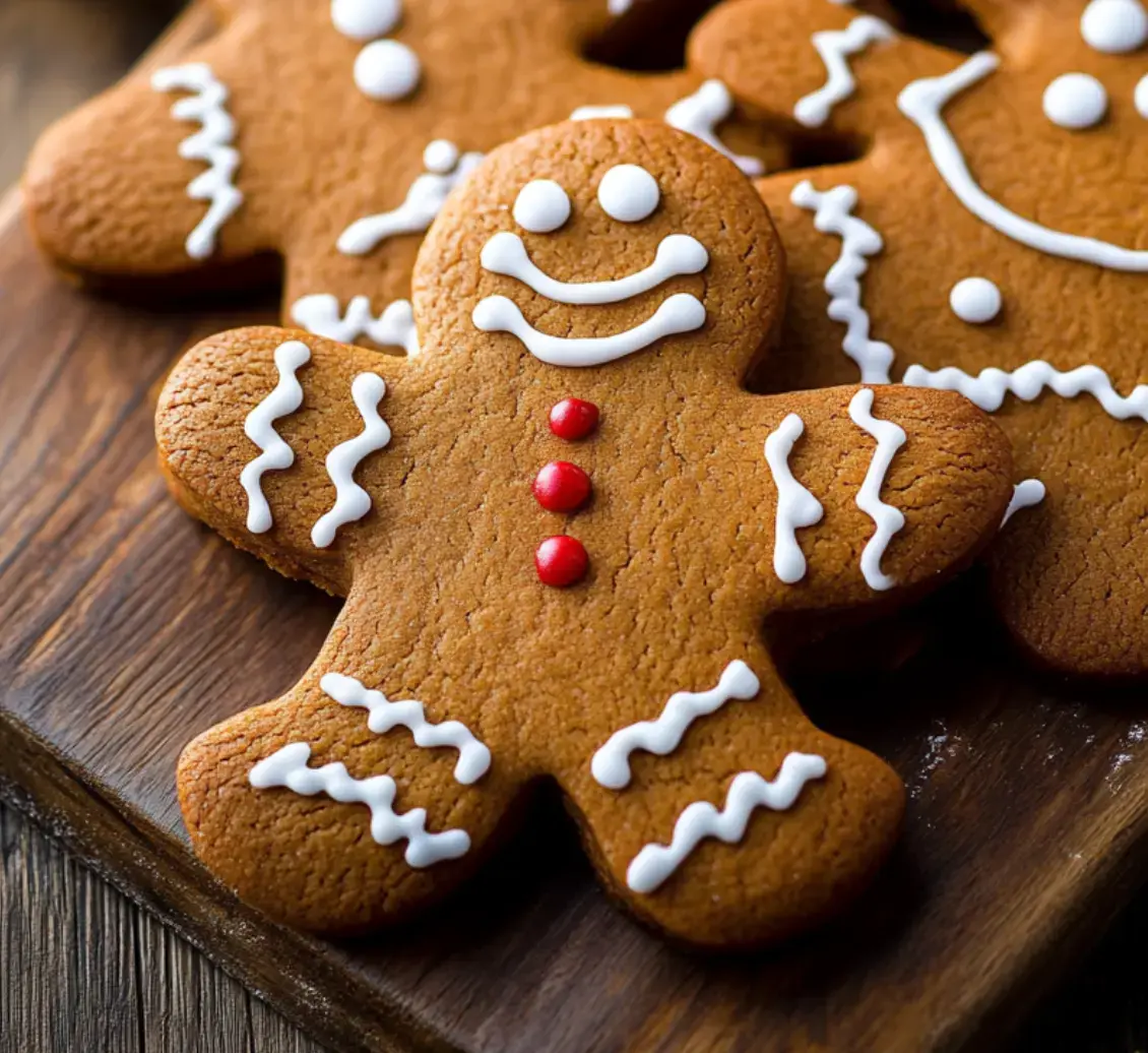 A close-up of decorative gingerbread cookies shaped like gingerbread men, adorned with white icing and red candy buttons.