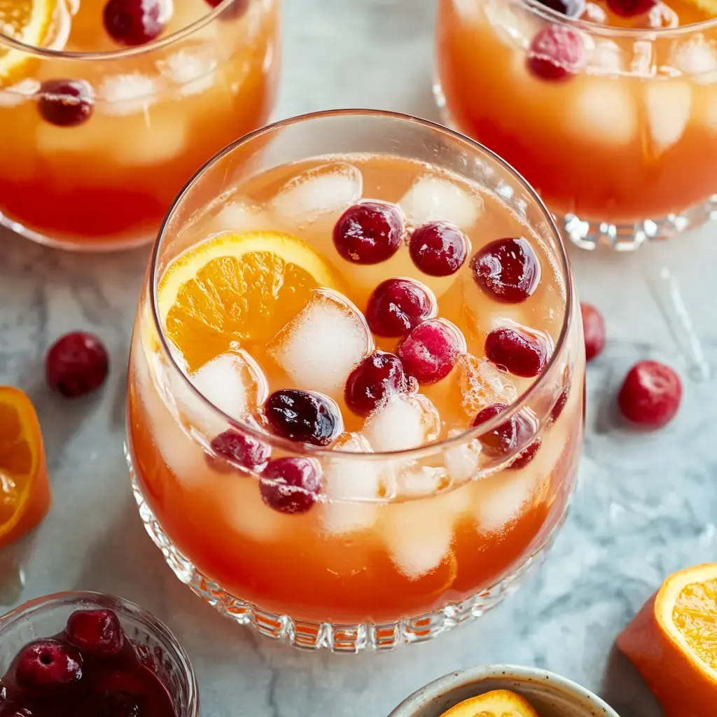 A refreshing beverage with ice, garnished with orange slices and cranberries, is displayed in a glass among additional drinks and fruit on a marble surface.