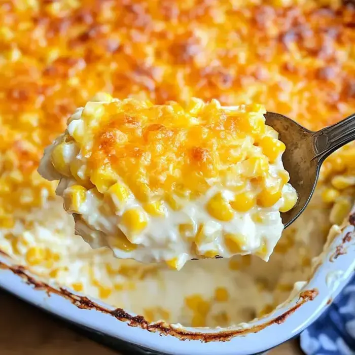 A spoonful of golden, cheesy corn casserole is being lifted from a baking dish.