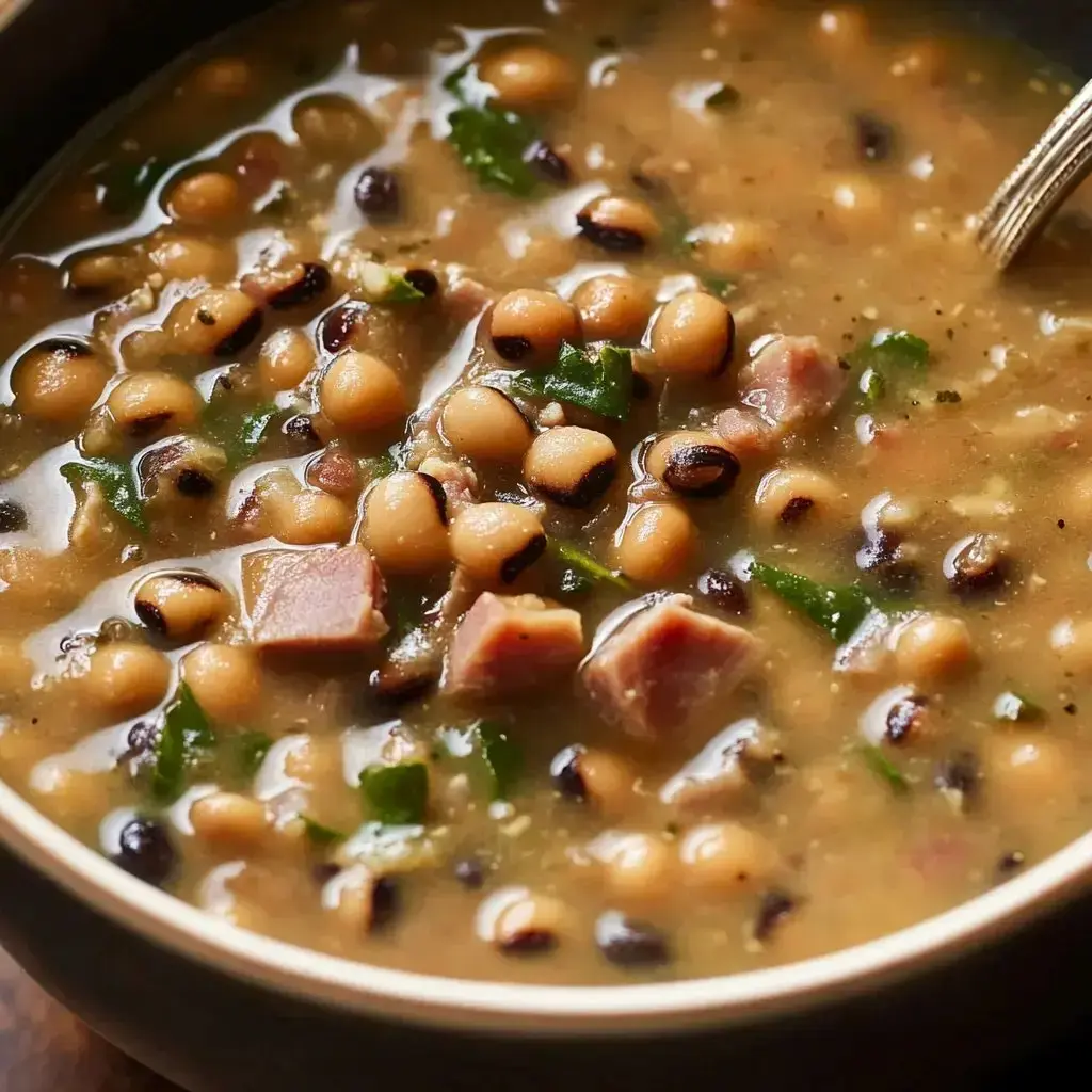 A close-up of a bowl of hearty bean soup featuring black-eyed peas, pieces of meat, and green herbs.