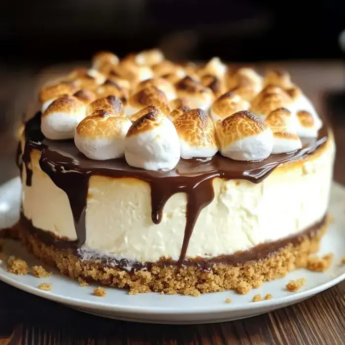 A delicious cheesecake topped with melted chocolate and golden-brown toasted marshmallows, sitting on a graham cracker crust.