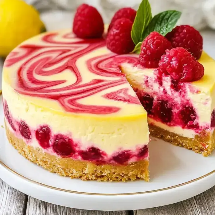 A beautifully swirled raspberry cheesecake with a graham cracker crust, garnished with fresh raspberries and mint leaves, with a slice removed.