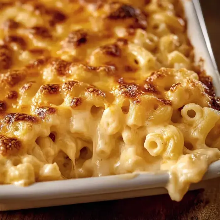 A close-up of bubbling, golden-brown baked macaroni and cheese in a dish.