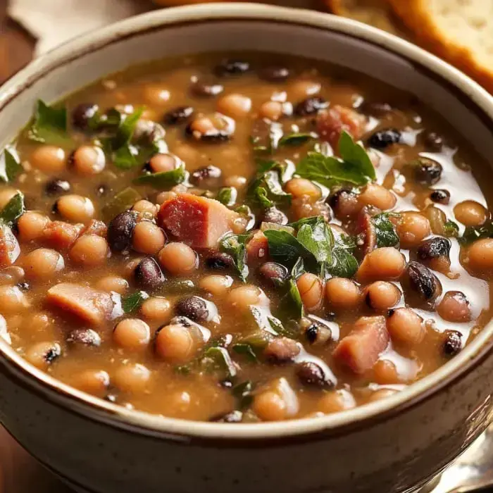 A bowl of hearty black-eyed pea and smoky ham soup garnished with fresh herbs.