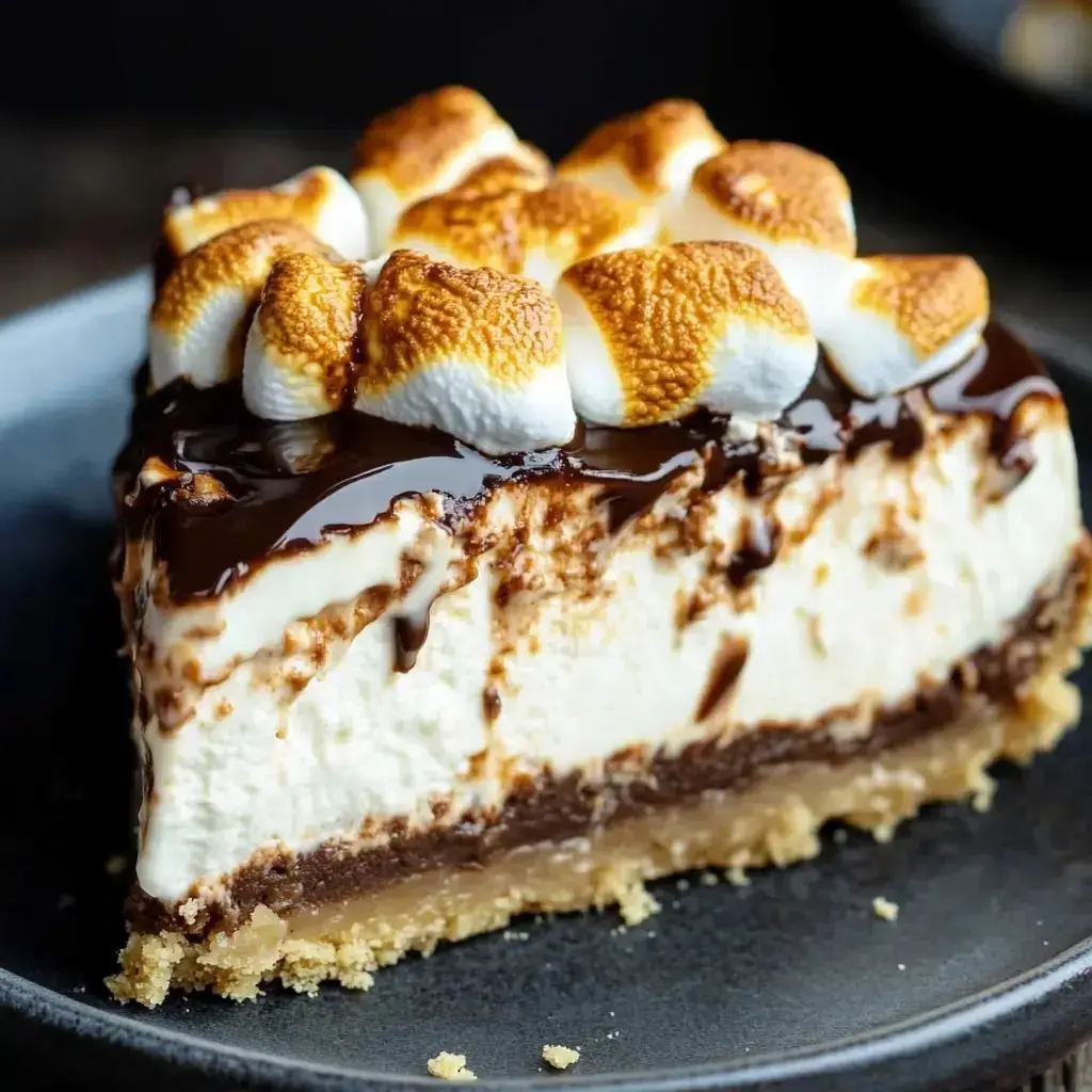 A slice of layered dessert featuring a graham cracker crust, chocolate layer, creamy filling, topped with toasted marshmallows and drizzled with chocolate sauce.