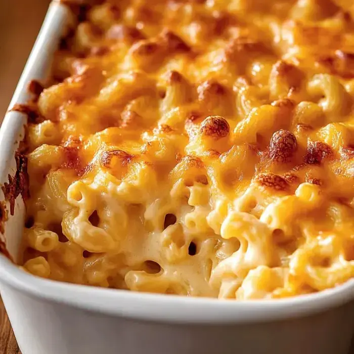 A close-up of a baked macaroni and cheese dish with a golden, crispy top.