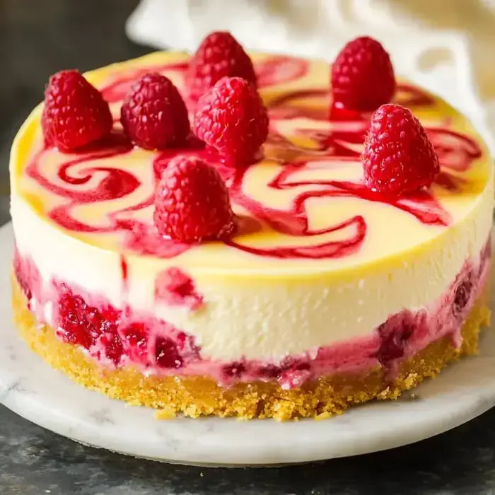 A creamy cheesecake topped with raspberry swirls and fresh raspberries, sitting on a graham cracker crust.