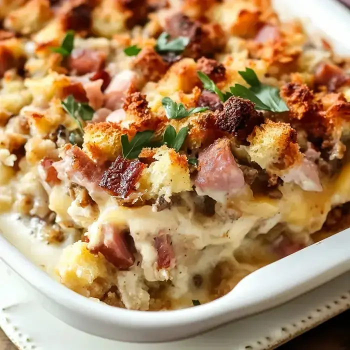 A creamy casserole topped with crispy breading, ham, and fresh parsley.