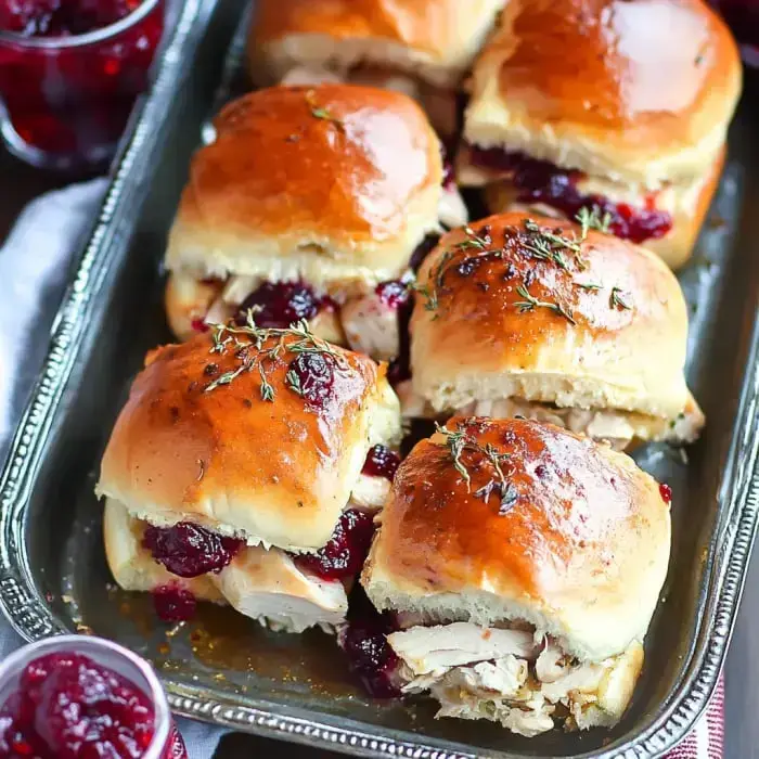 A platter of turkey sliders with cranberry sauce and a sprig of thyme on top.