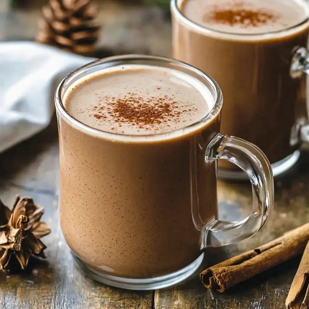 Two mugs of spiced hot chocolate are placed on a wooden surface, garnished with a sprinkle of cinnamon and accompanied by pinecones and a cinnamon stick.