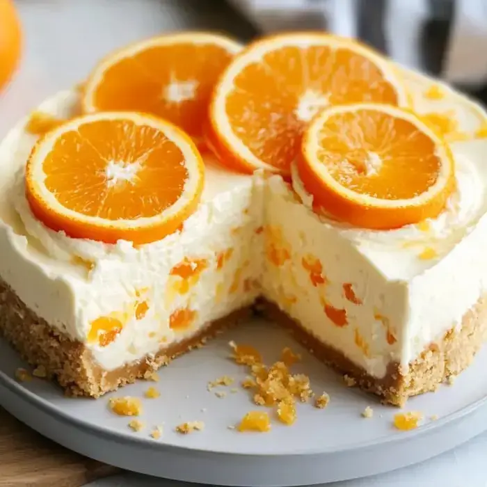 A sliced orange cheesecake topped with fresh orange slices and showcasing a creamy filling with bits of orange throughout.