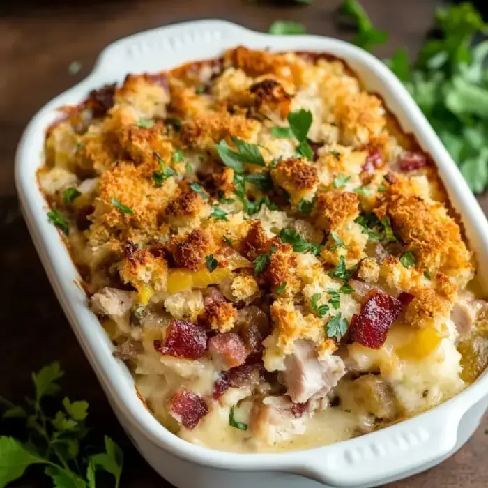 A golden-brown casserole topped with crispy breadcrumbs and green herbs, featuring chunks of chicken and other ingredients in a creamy sauce.