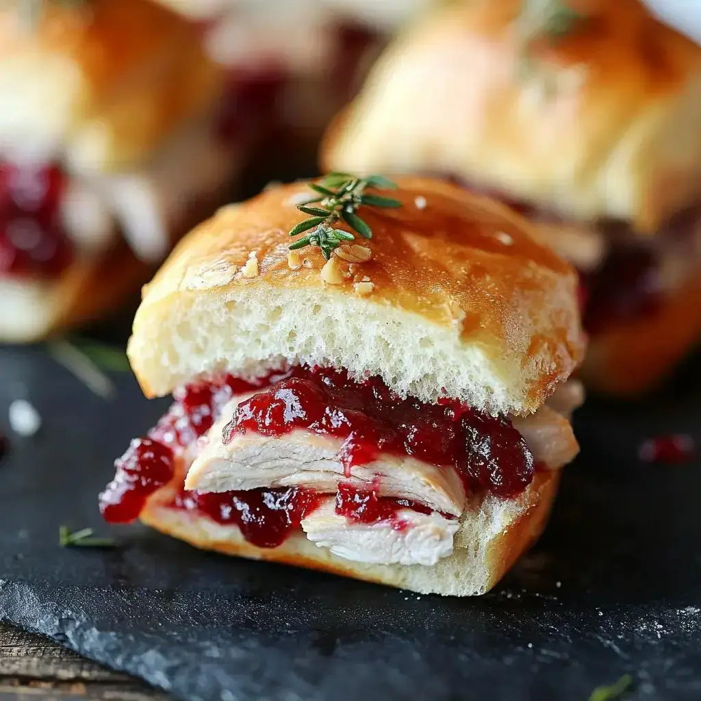 A close-up of a sandwich filled with sliced chicken and cranberry sauce, garnished with a sprig of rosemary, on a slate surface.