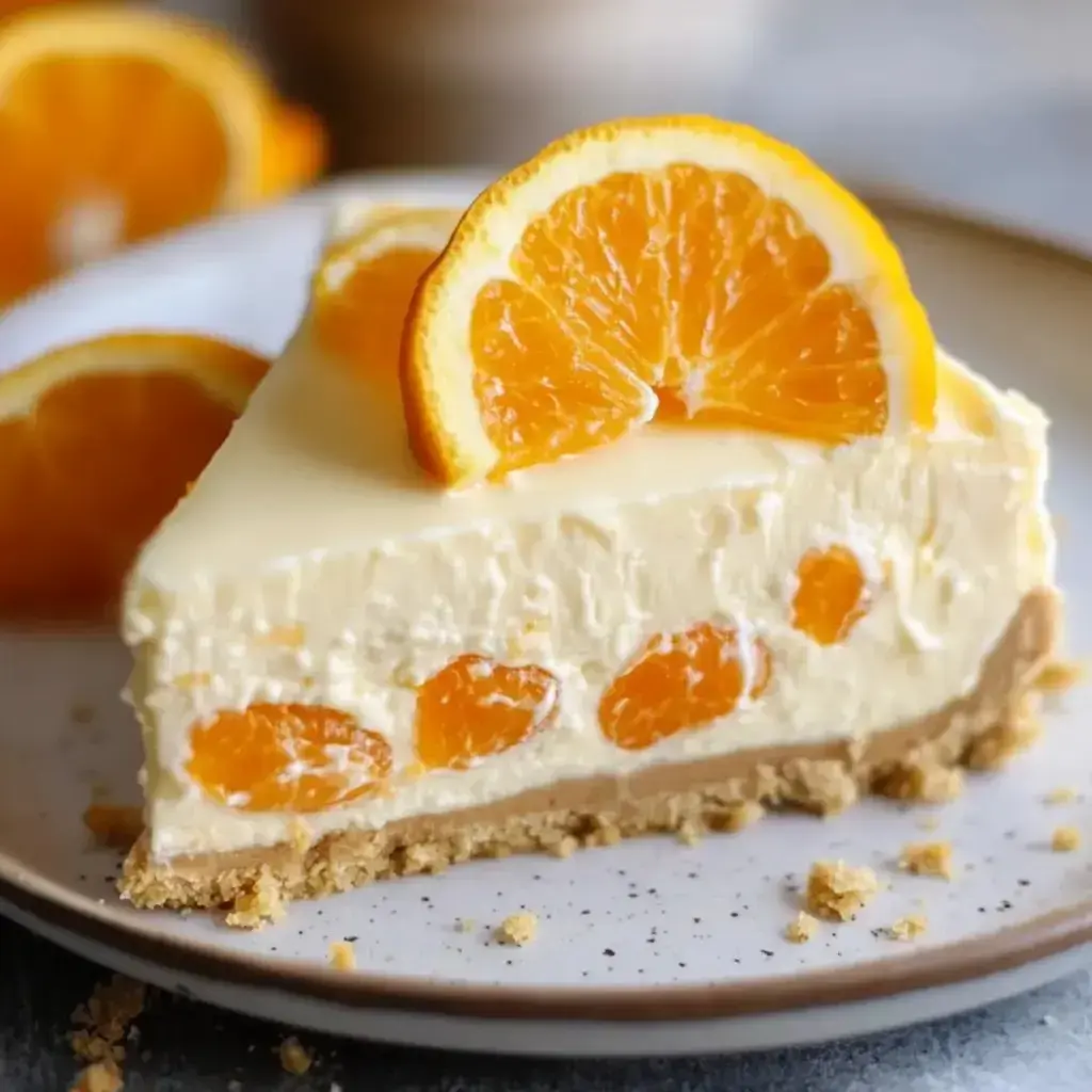 A slice of creamy orange dessert is displayed on a plate, garnished with orange slices and featuring visible mandarin segments throughout the filling.