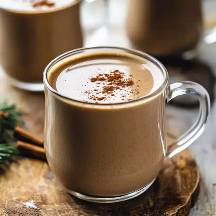 A clear glass mug filled with creamy brown drink, topped with a sprinkle of cinnamon, sits on a wooden surface alongside cinnamon sticks and greenery.