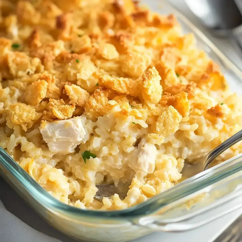 A glass baking dish filled with creamy chicken and rice casserole, topped with golden, crunchy cracker crumbs.