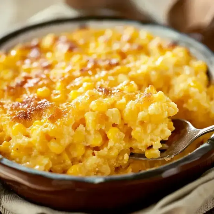 A close-up of a creamy corn casserole with a golden, baked top, served in a dish with a spoon.