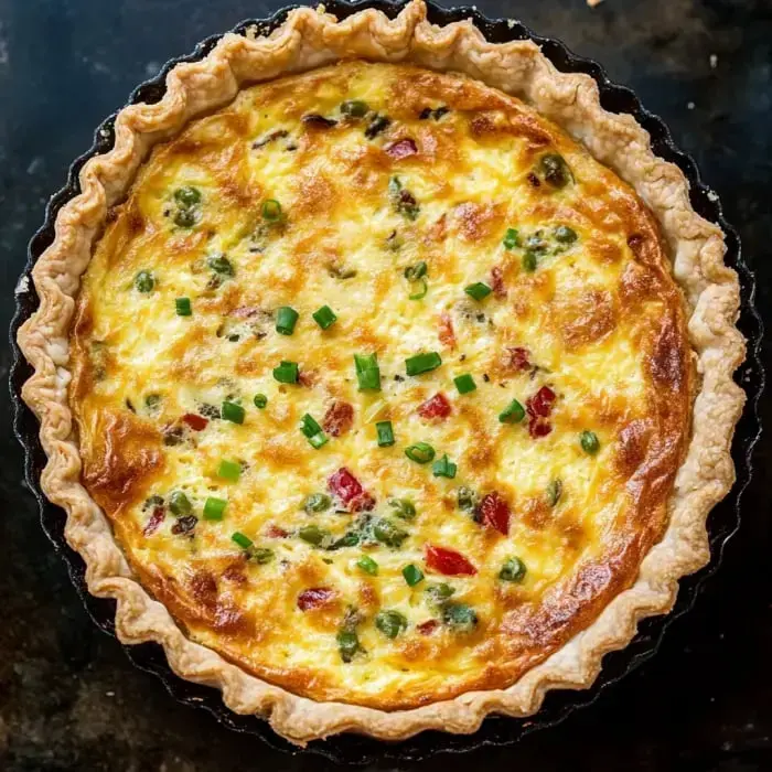 A savory quiche with a golden crust, filled with ingredients like eggs, green onions, and colorful vegetables.