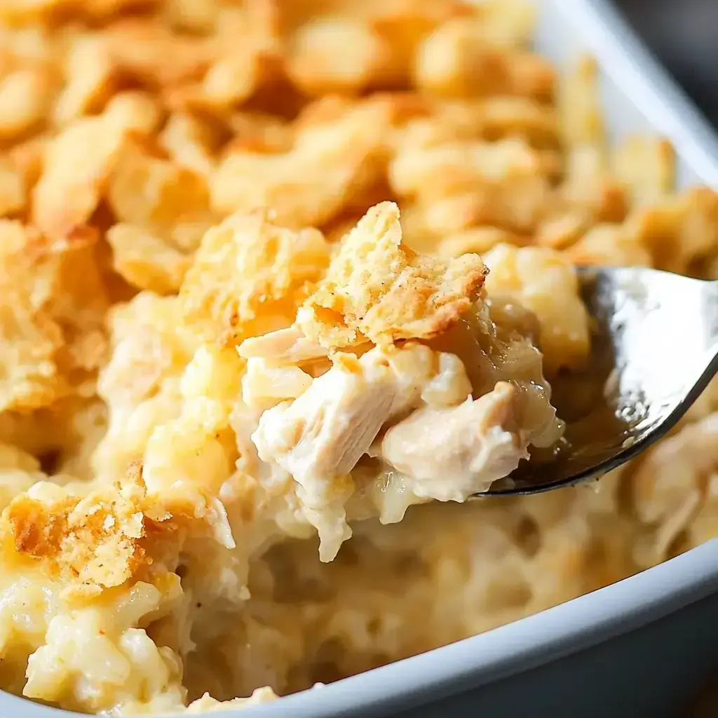 A spoonful of creamy chicken and macaroni casserole topped with crispy bits.