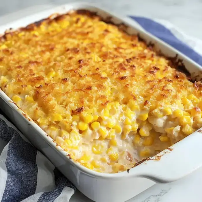 A golden-brown baked casserole topped with crispy breadcrumbs and filled with corn.