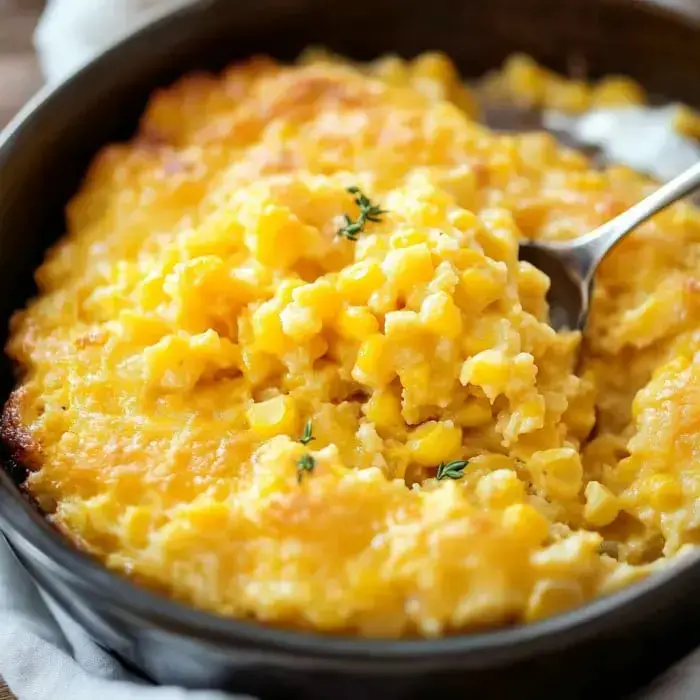 A close-up of a creamy corn casserole topped with a golden crust and garnished with small sprigs of thyme.