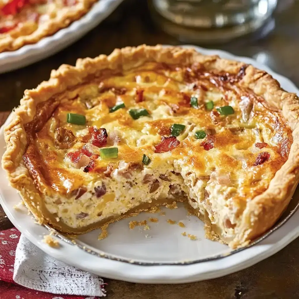 A freshly baked quiche with a golden crust, filled with eggs, cheese, bacon, and topped with green onions, with a slice removed.