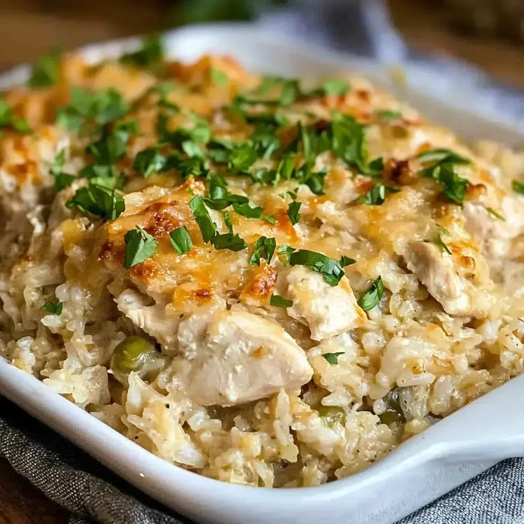 A creamy chicken and rice casserole topped with chopped parsley in a white dish.