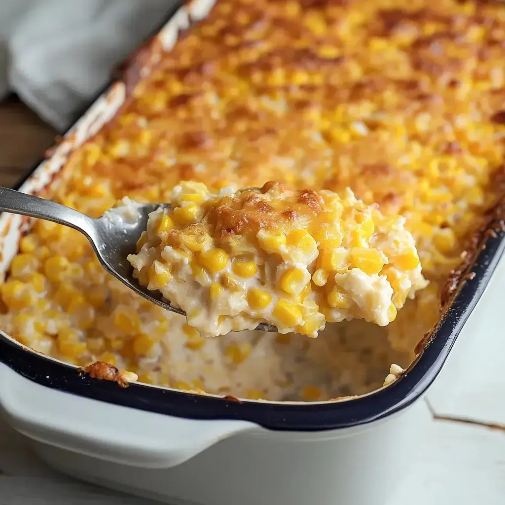 A spoonful of golden, baked corn casserole is being lifted from a dish, showcasing its creamy texture and corn topping.