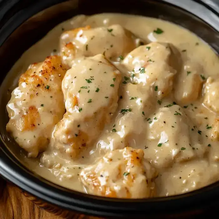 A close-up view of tender chicken pieces in a creamy sauce, garnished with green herbs, served in a black bowl.