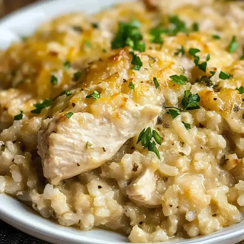 A plate of creamy chicken and rice dish topped with chopped parsley.