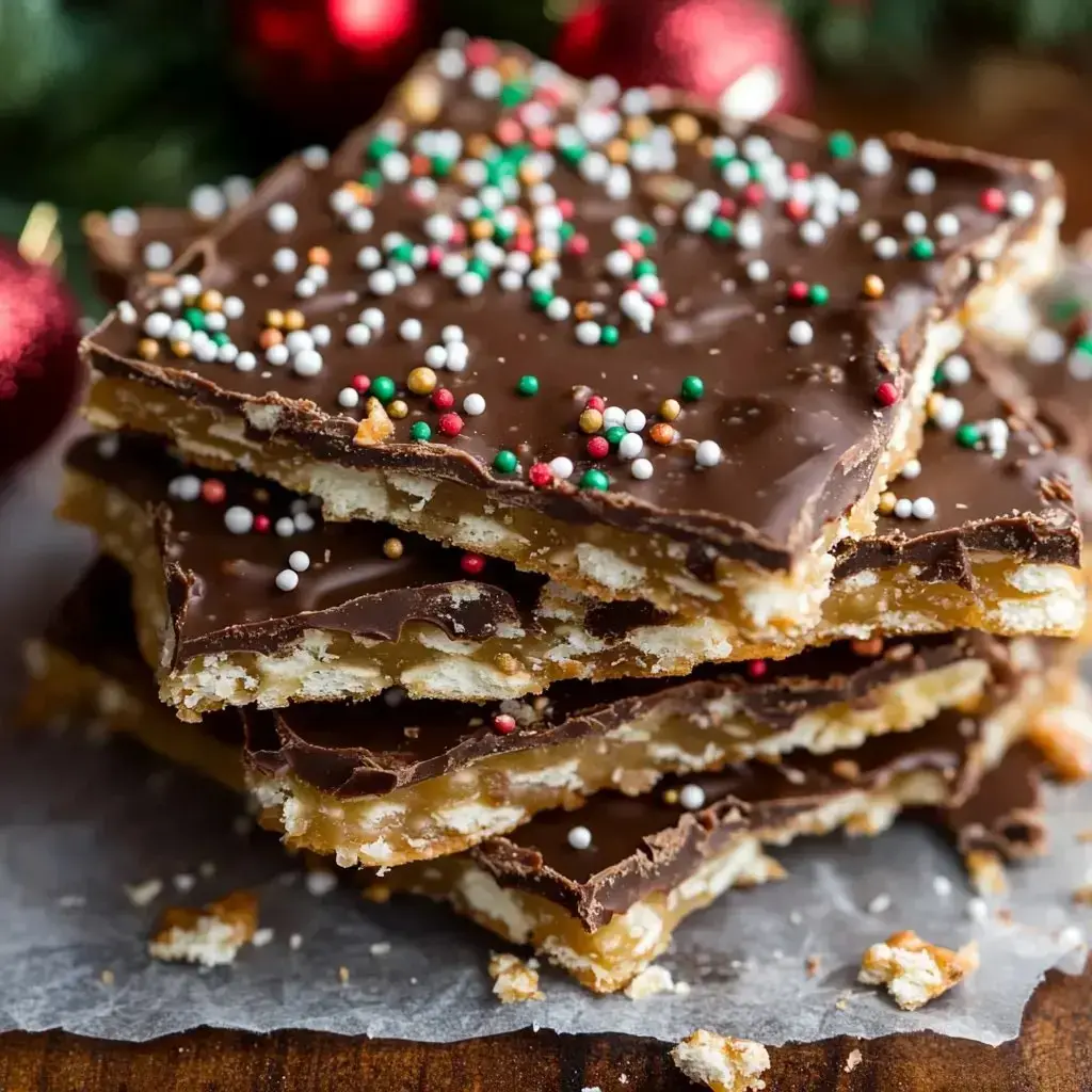 A stack of chocolate-covered toffee bars topped with colorful sprinkles, set against a festive background.