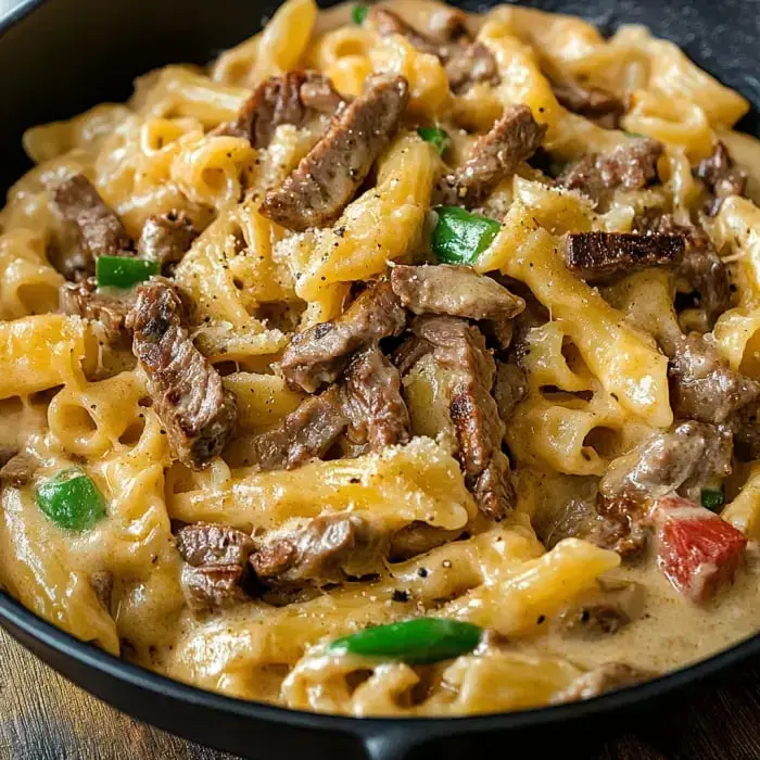 A creamy pasta dish with beef strips and green peppers served in a black bowl.