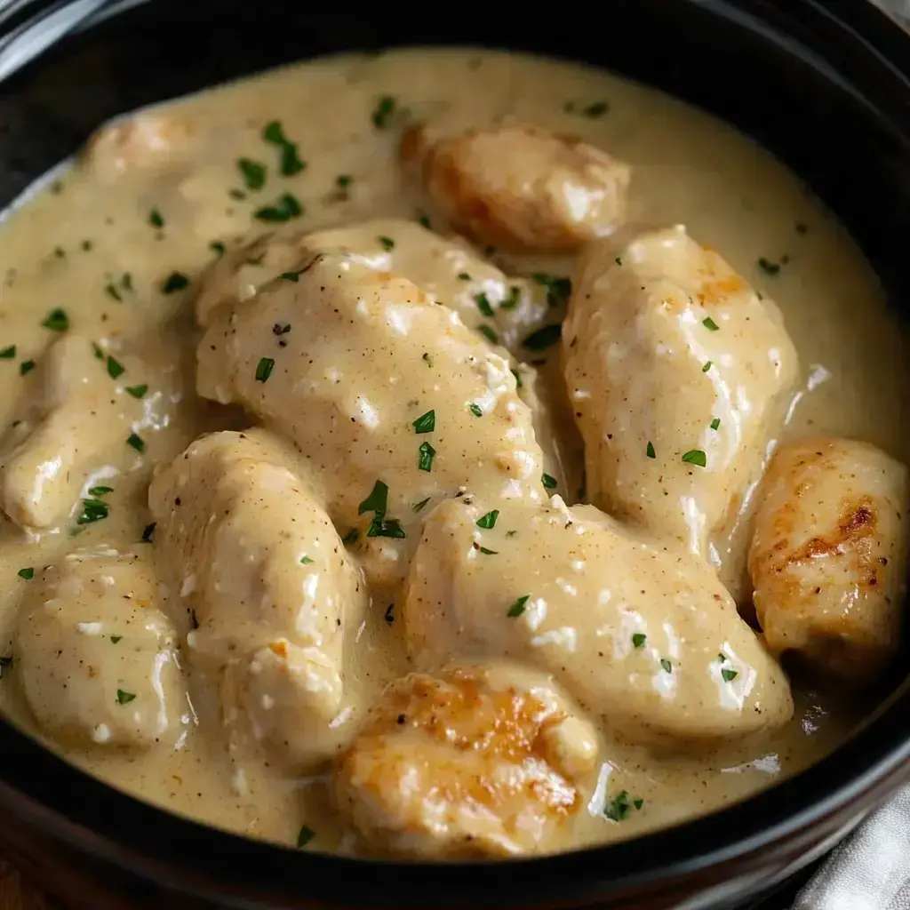 A bowl of tender dumplings in a creamy sauce, garnished with chopped parsley.