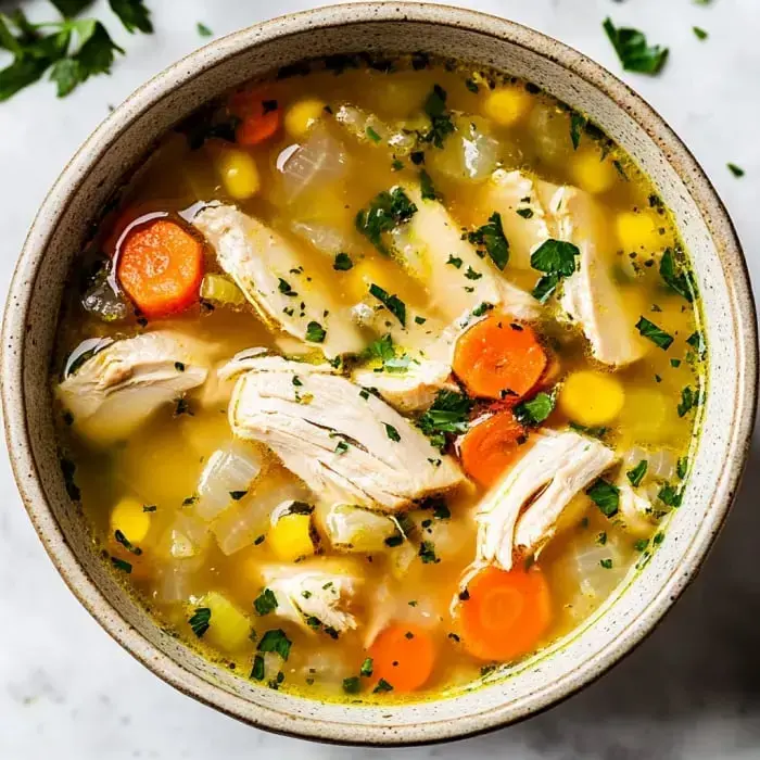 A bowl of chicken soup filled with shredded chicken, carrots, corn, and herbs in a clear broth.