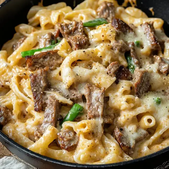 A creamy pasta dish with chunks of beef and green peppers, topped with melted cheese.