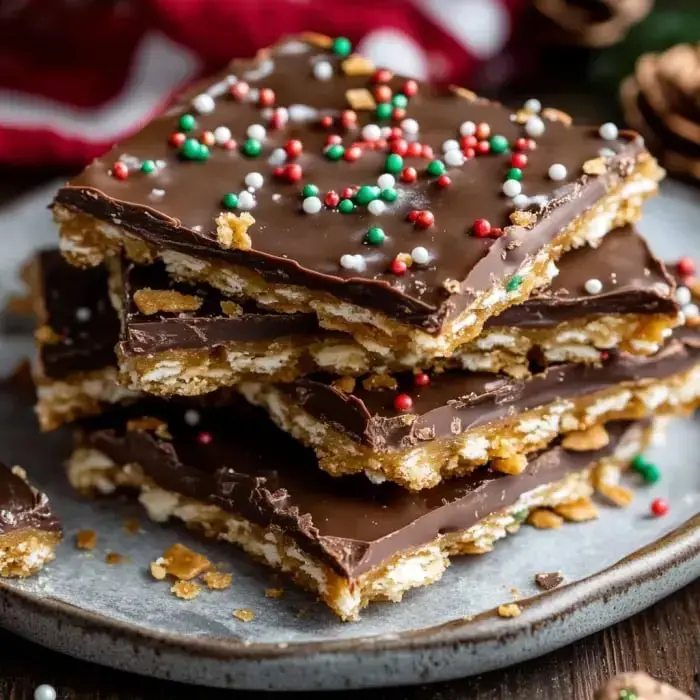 A stack of chocolate-covered dessert bars topped with colorful holiday sprinkles sits on a gray plate.