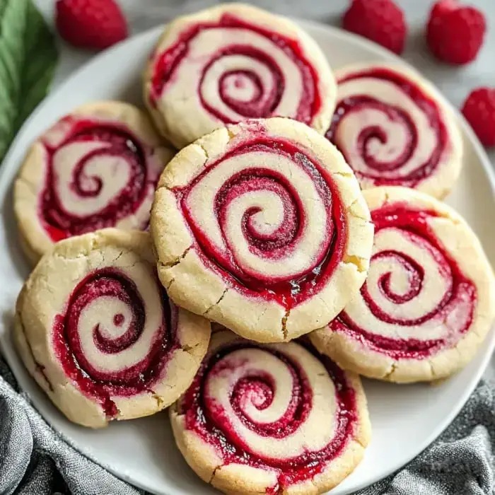 A plate of spiral-patterned cookies with a raspberry filling, surrounded by fresh raspberries.