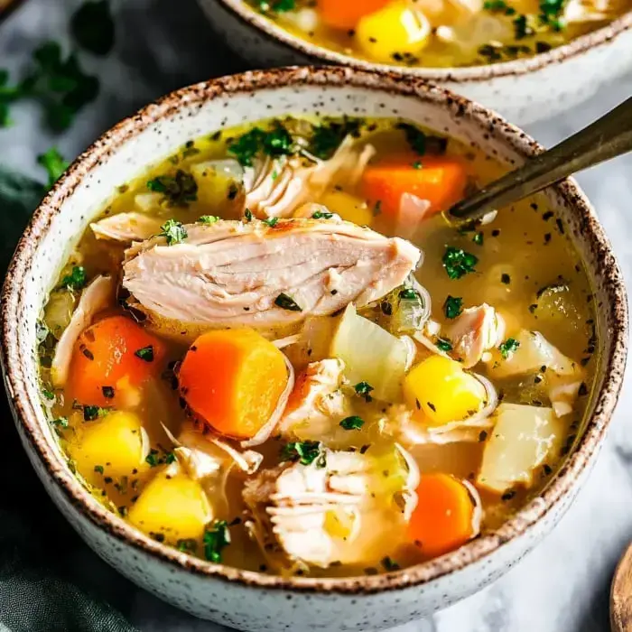 A bowl of hearty chicken soup filled with vegetables, including carrots and potatoes, garnished with fresh herbs.