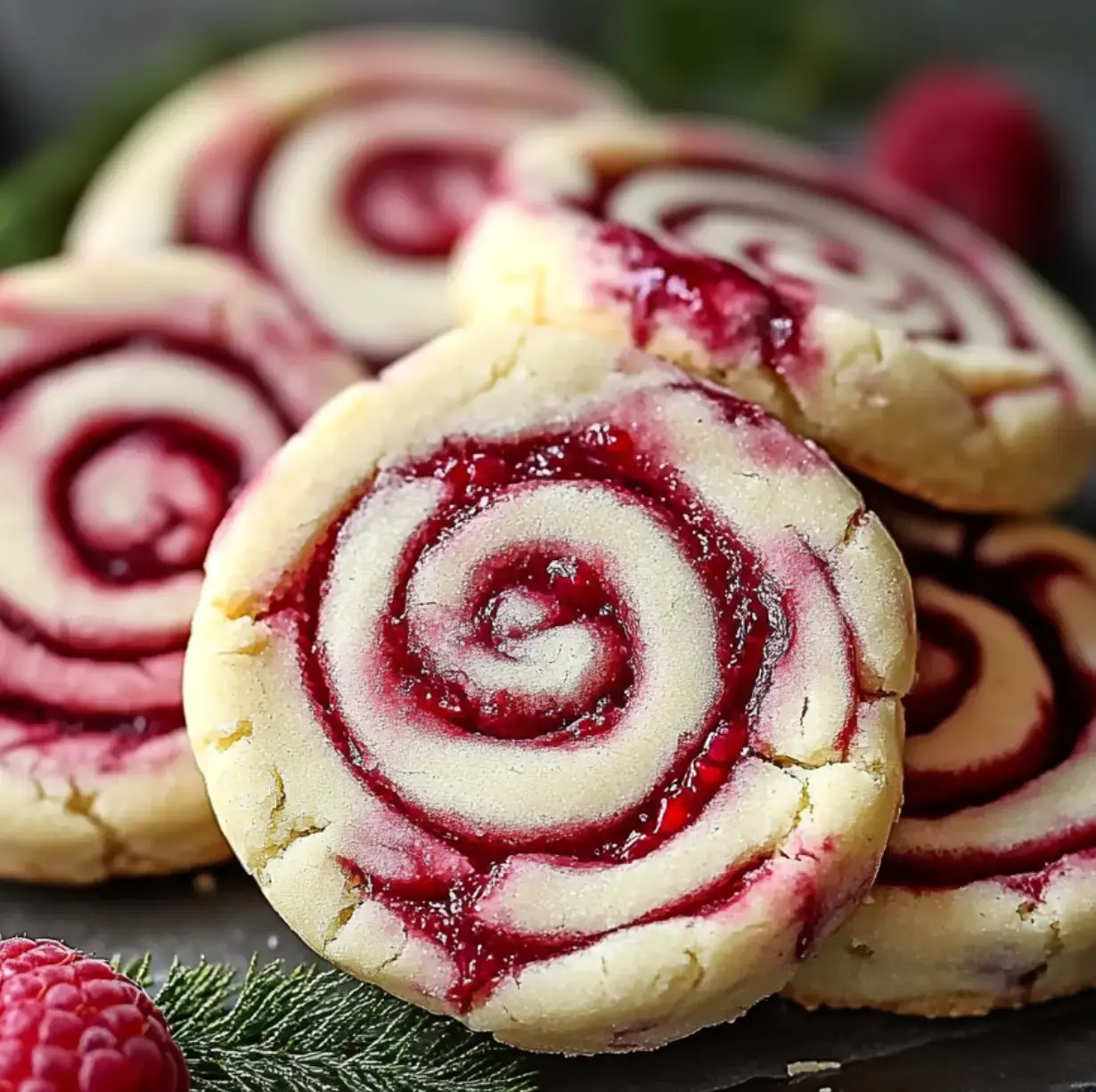 A close-up of spiral-shaped cookies with a raspberry filling, garnished with fresh raspberries and greenery.