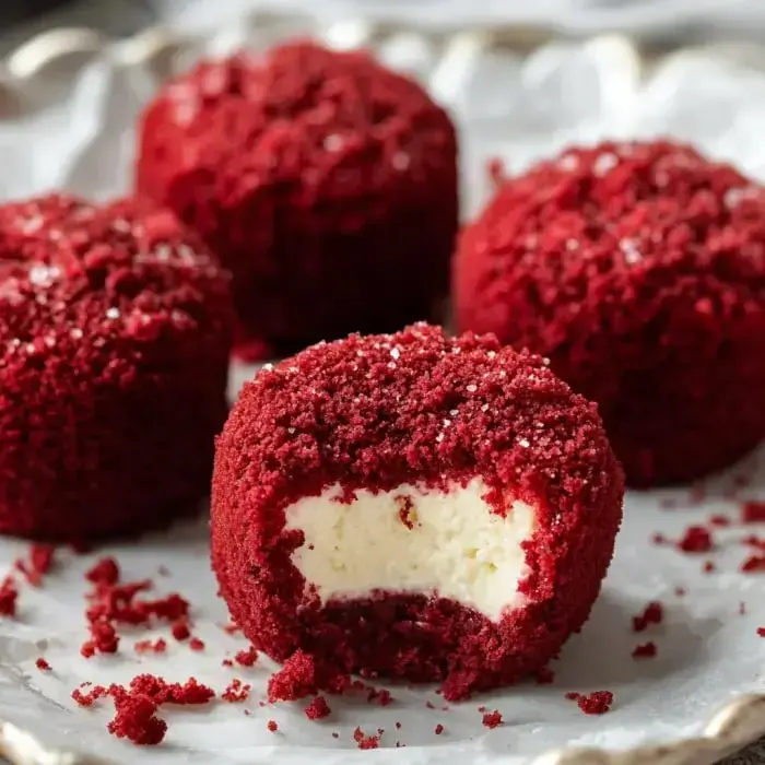 A close-up of red velvet cake balls with a bite taken out, revealing a creamy white filling, scattered on a decorative plate.